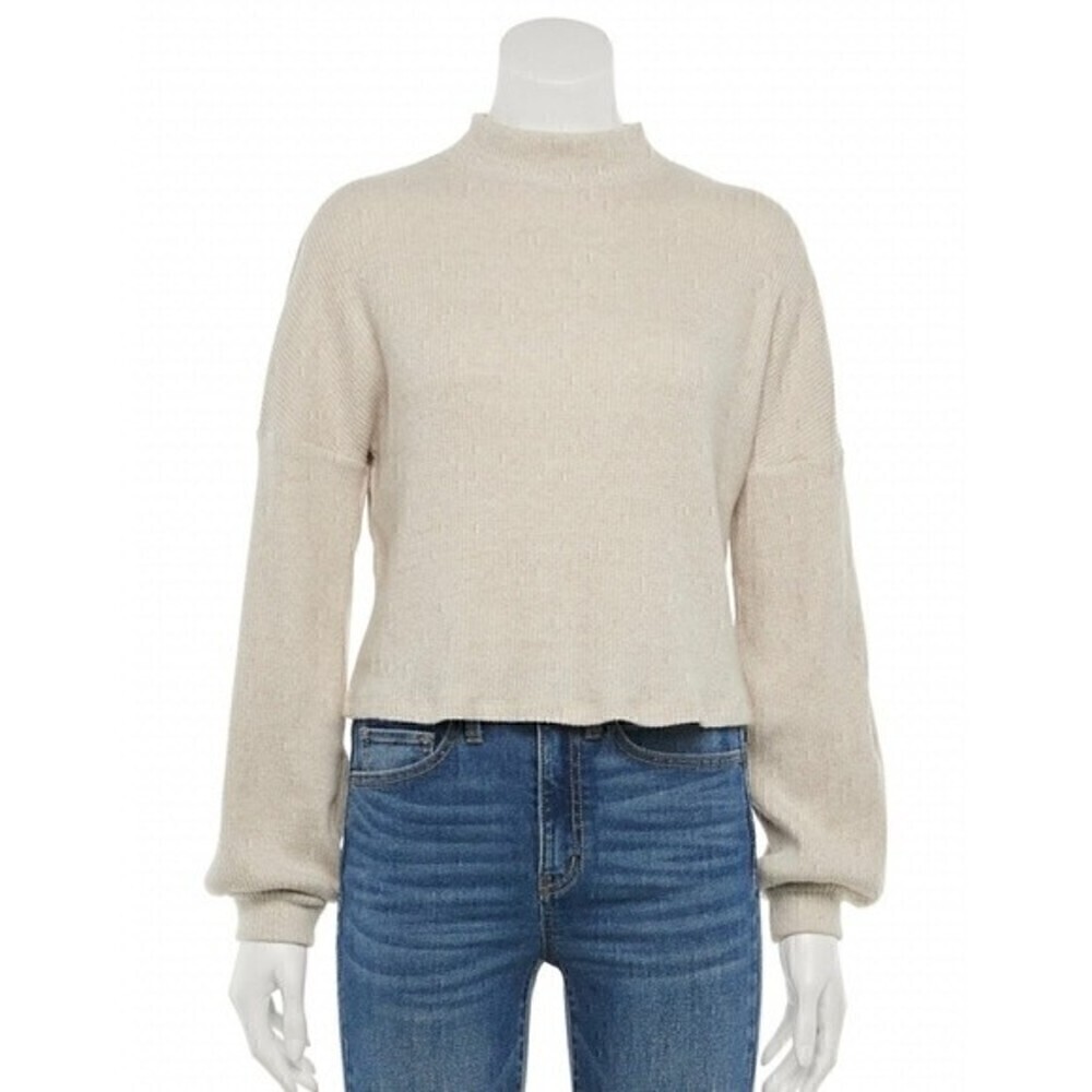 New! Ribbed Waffle Knit Balloon Sleeve Mockneck Sweater Top